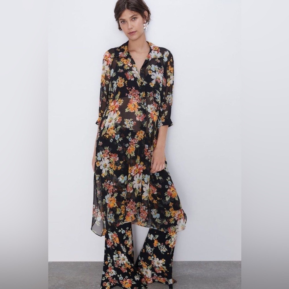 Zara Sheer Floral Print Midi Shirt Dress xs